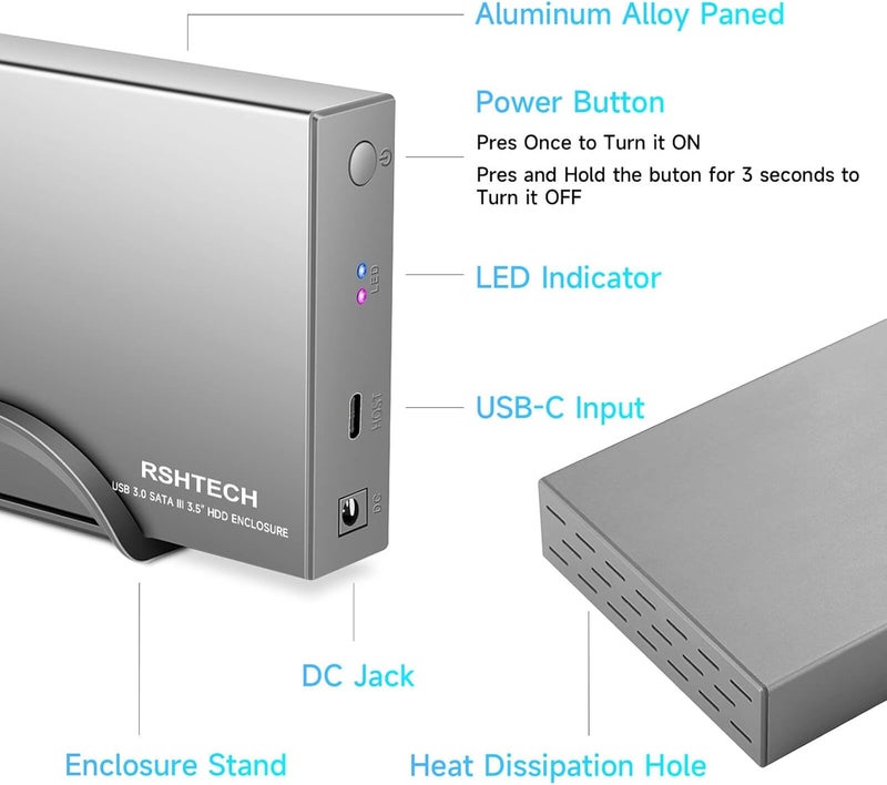 Rshtech Hard Drive Enclosure Upgraded Version 3.5" Aluminum USB C to SATA External Hard Drive Dock Case for 3.5 inch HDD & SSD up to 24TB, with 2-in-1 USB Cable, Support UASP - Image 5